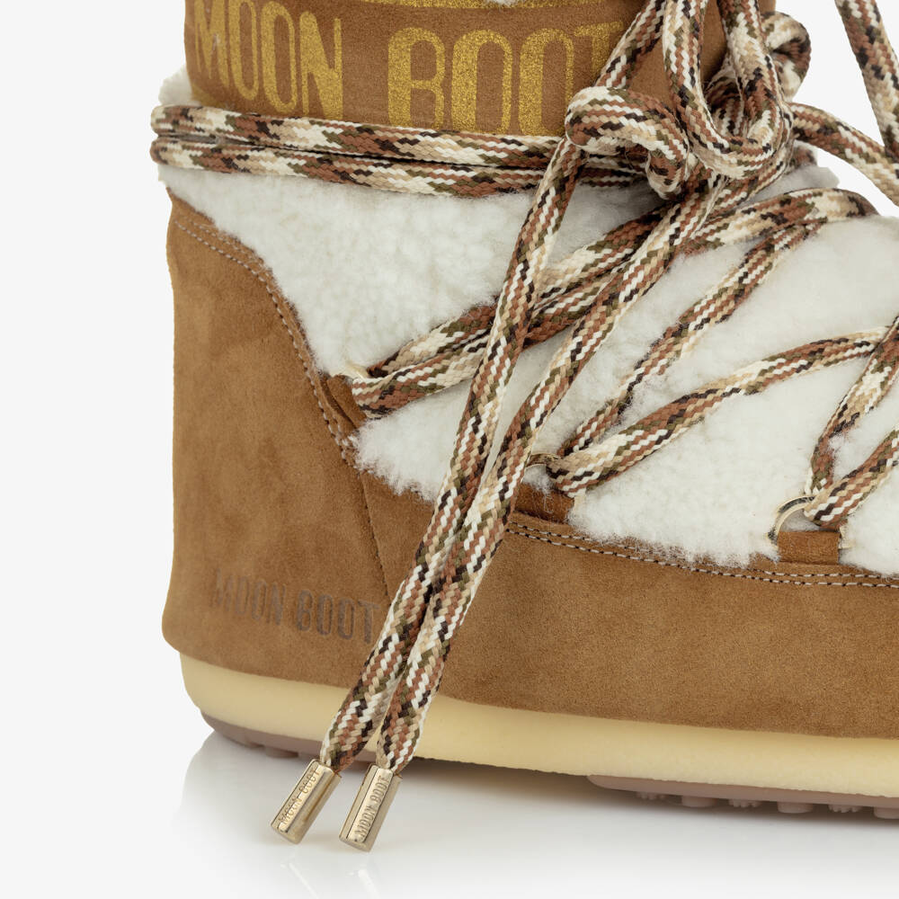 Moon Boot-Girls Tan Brown Suede Leather & Sherpa Snow Boots | Childrensalon