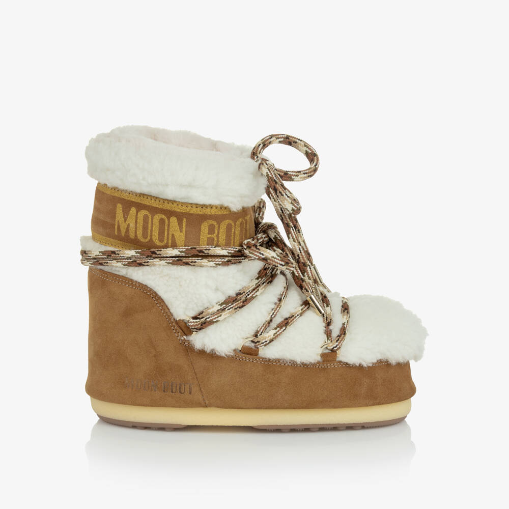Moon Boot-Girls Tan Brown Suede Leather & Sherpa Snow Boots | Childrensalon