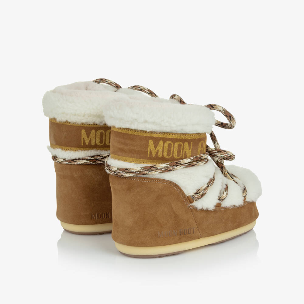 Moon Boot-Girls Tan Brown Suede Leather & Sherpa Snow Boots | Childrensalon