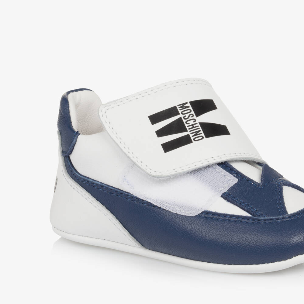 Moschino-Baby Boys Blue & White Leather Pre-Walkers | Childrensalon