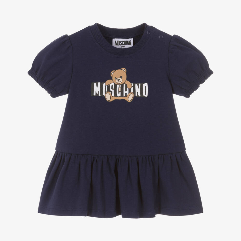Moschino-Baby Girls Blue Cotton Jersey Teddy Bear Logo Dress | Childrensalon