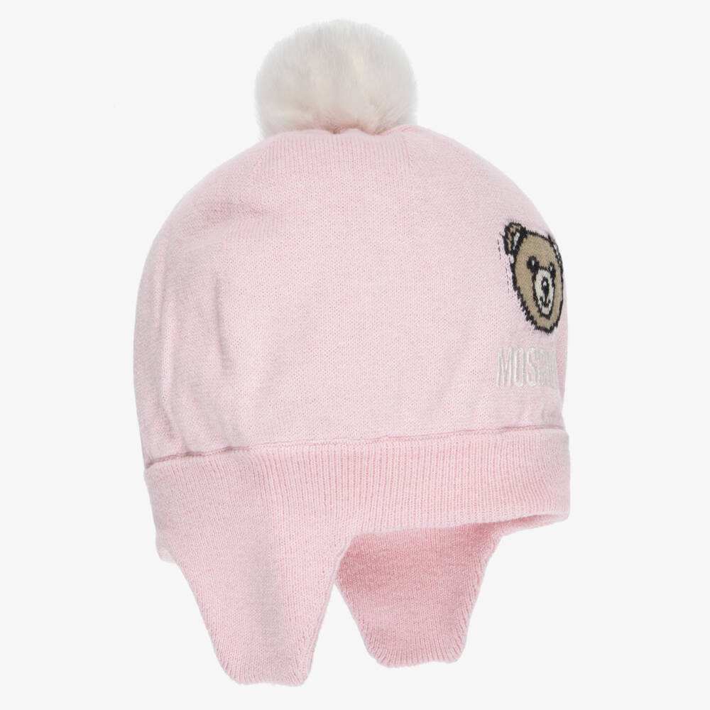 Moschino-Baby Girls Pink Bobble Hat with Bear | Childrensalon