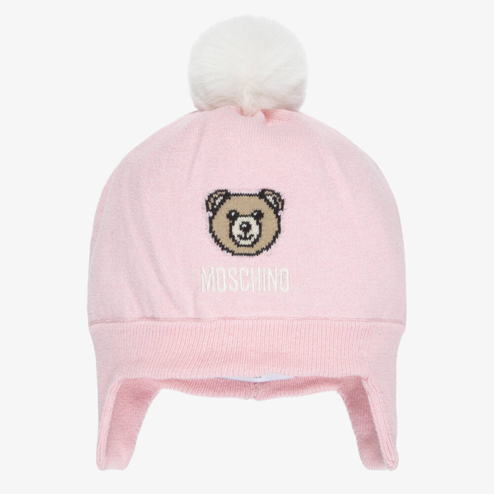 Moschino-Baby Girls Pink Bobble Hat with Bear | Childrensalon