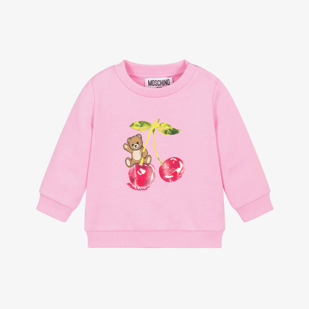 Moschino-Baby Girls Pink Cotton Cherry & Teddy Sweatshirt | Childrensalon