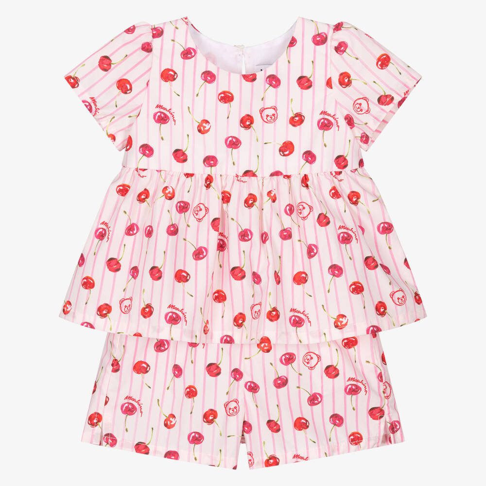 Moschino-Baby Girls Pink Cotton Poplin Cherries Shorts Set | Childrensalon