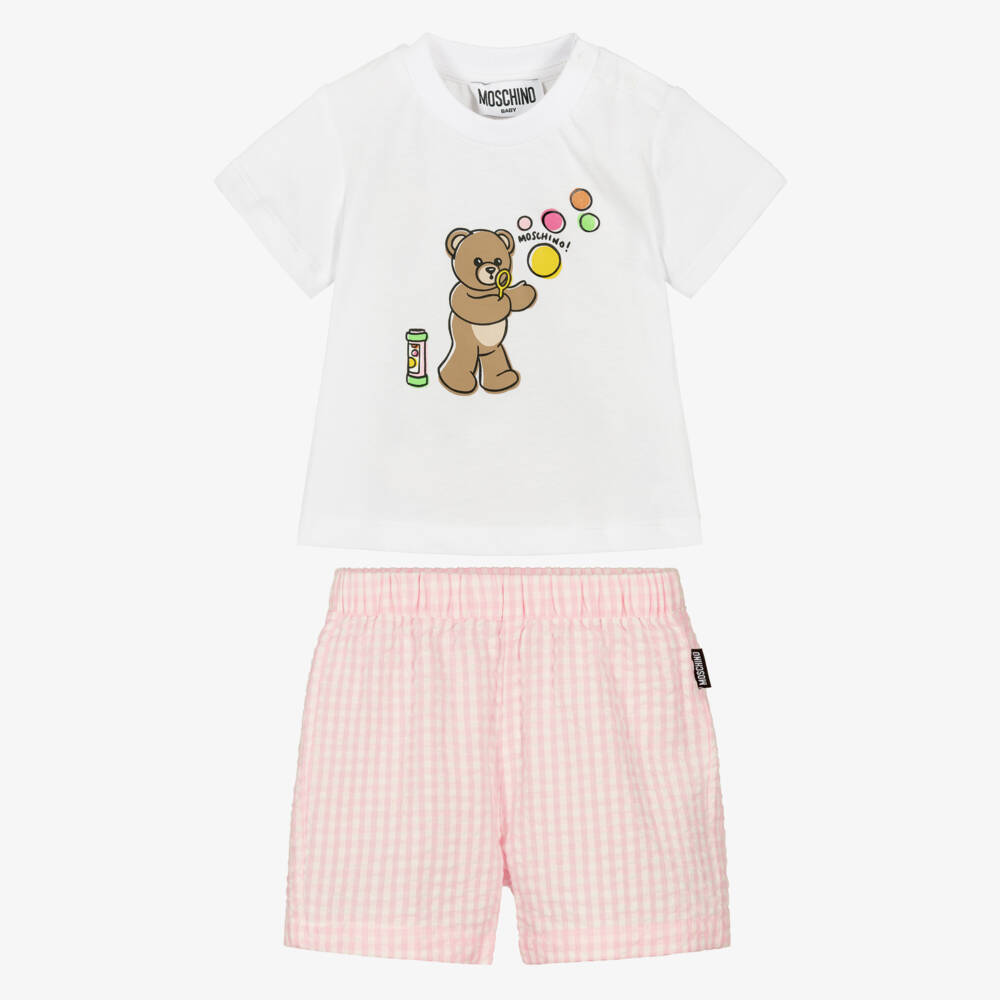 Moschino-Baby Girls White Bubble Bear T-Shirt & Pink Shorts Set | Childrensalon