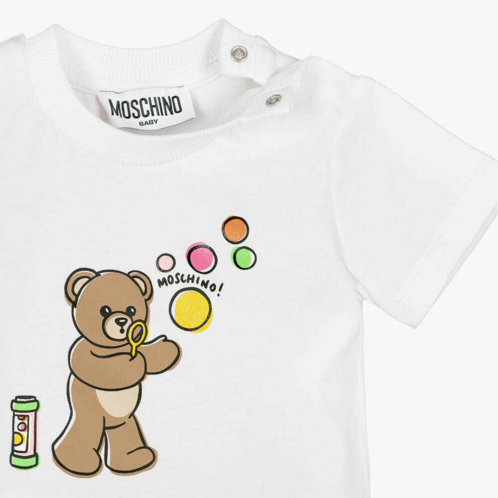 Moschino-Baby Girls White Bubble Bear T-Shirt & Pink Shorts Set | Childrensalon