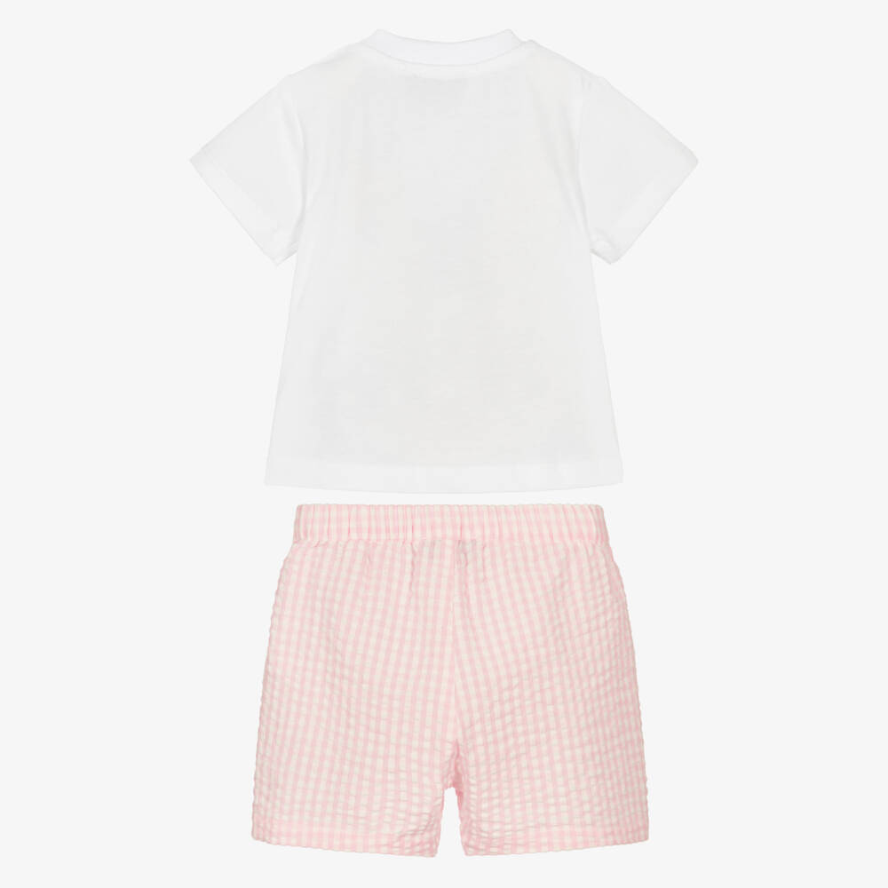 Moschino-Baby Girls White Bubble Bear T-Shirt & Pink Shorts Set | Childrensalon