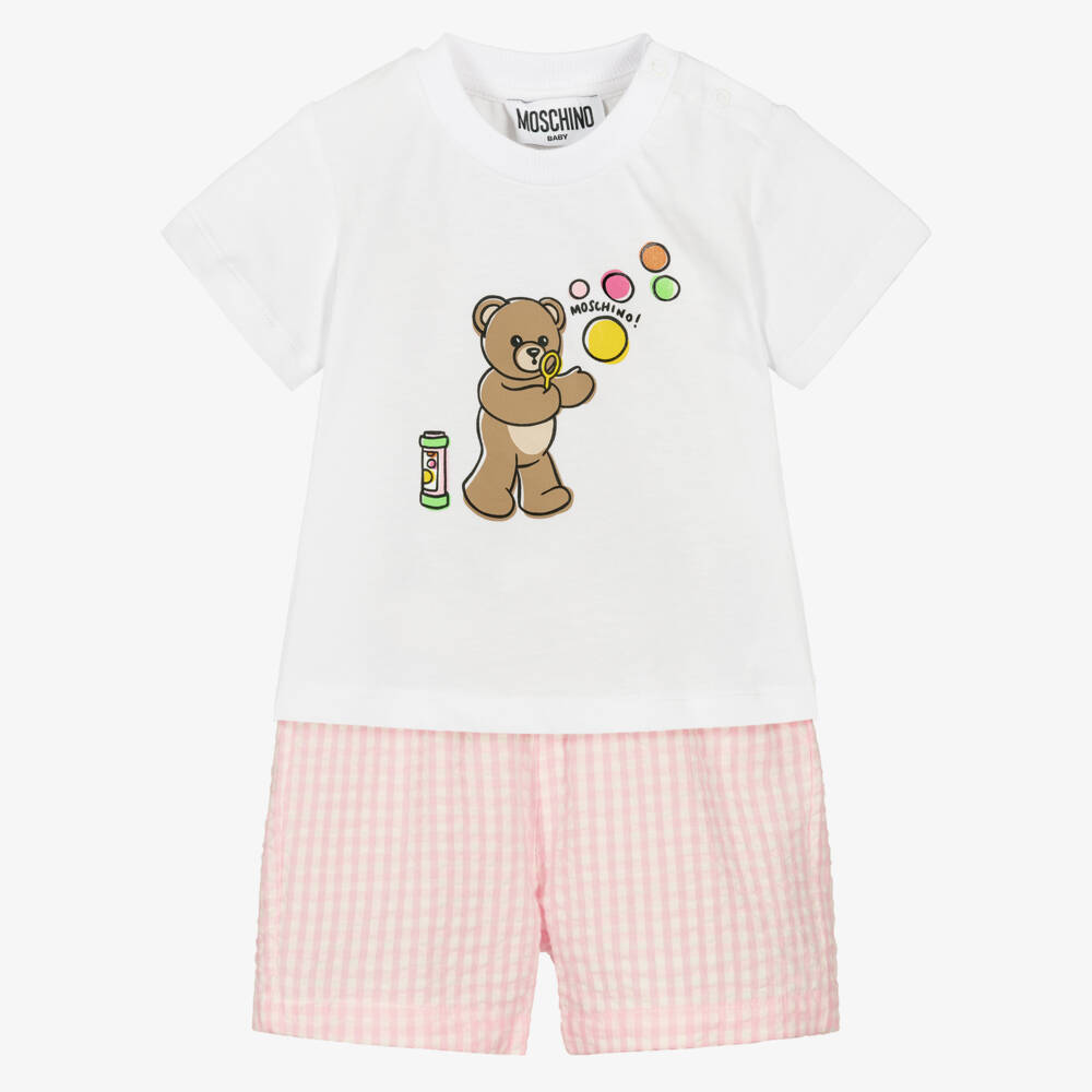 Moschino-Baby Girls White Bubble Bear T-Shirt & Pink Shorts Set | Childrensalon