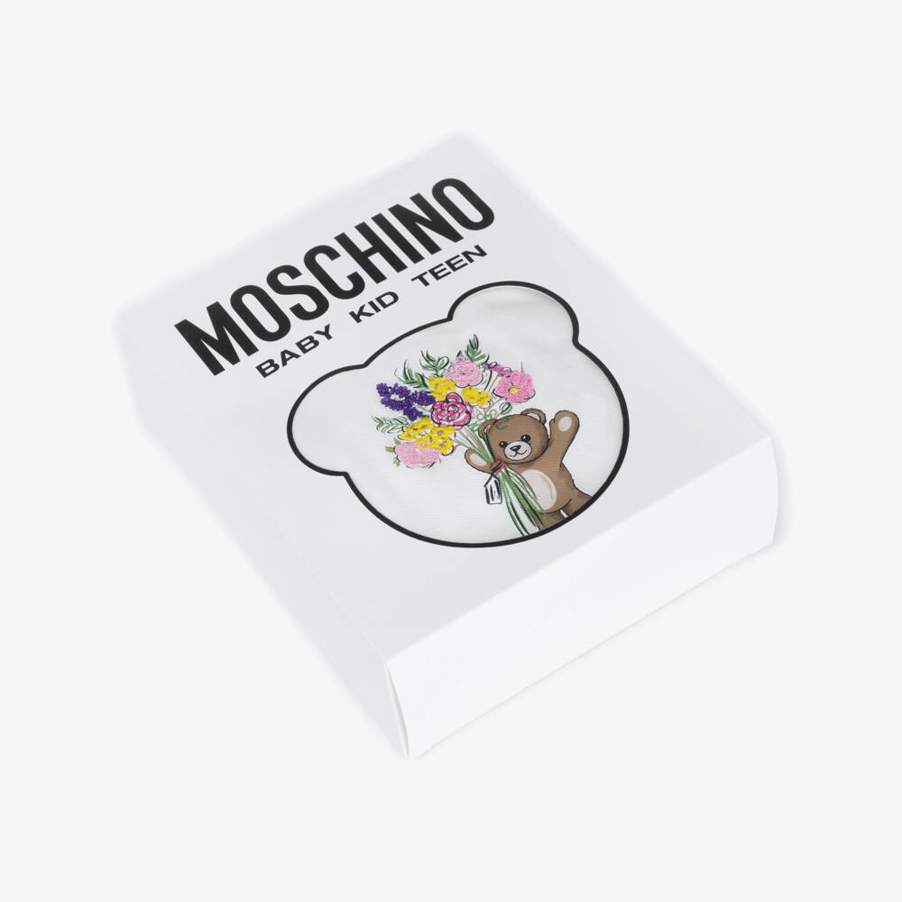 Moschino-Baby Girls White Cotton Piqué Teddy Bear Logo Shortie Set | Childrensalon