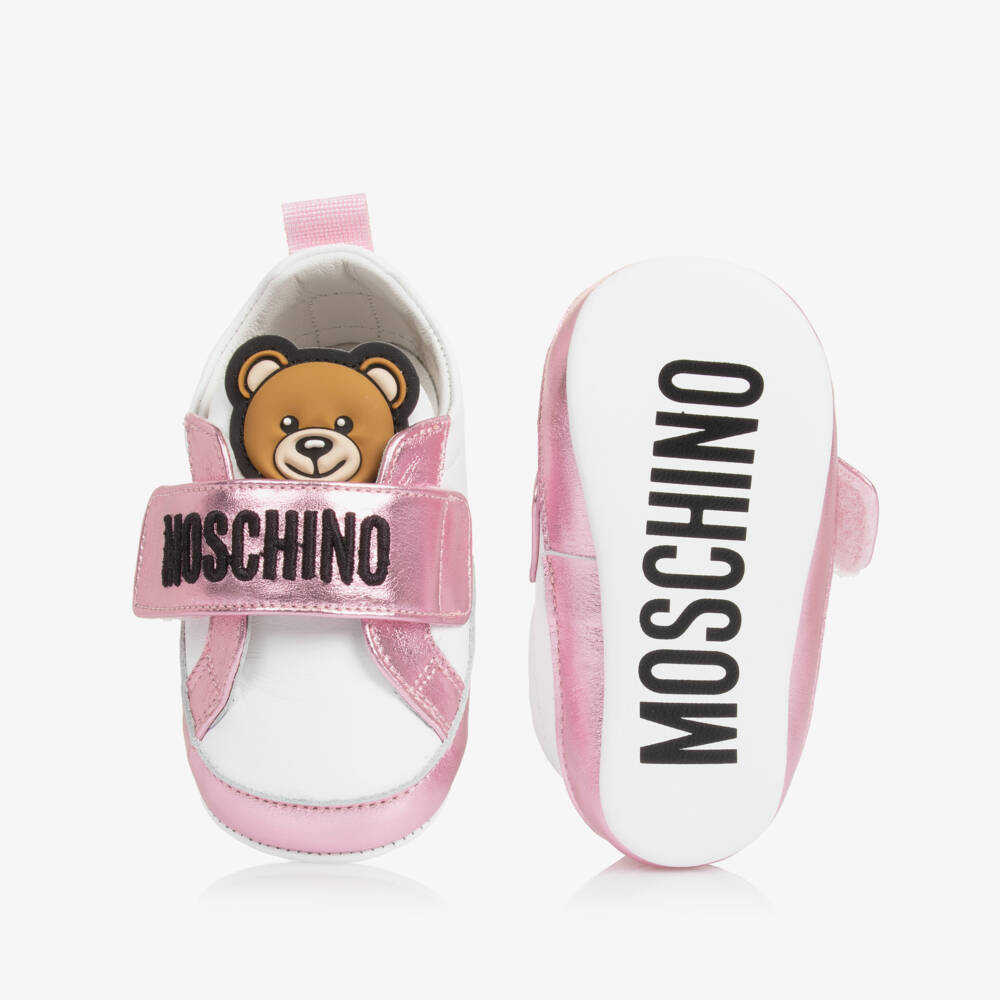 Moschino-Baby Girls White & Pink Leather Pre-Walkers | Childrensalon