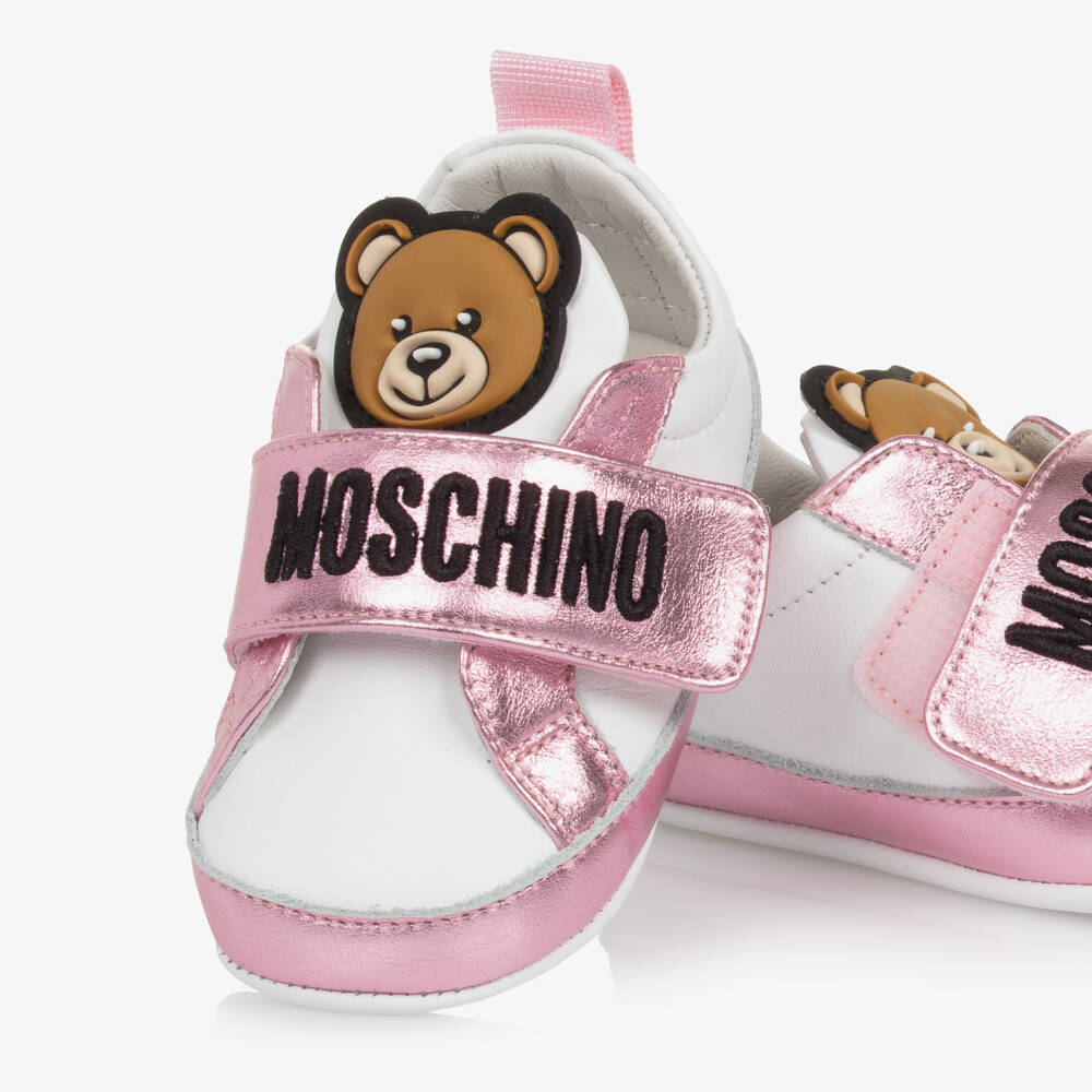 Moschino-Baby Girls White & Pink Leather Pre-Walkers | Childrensalon