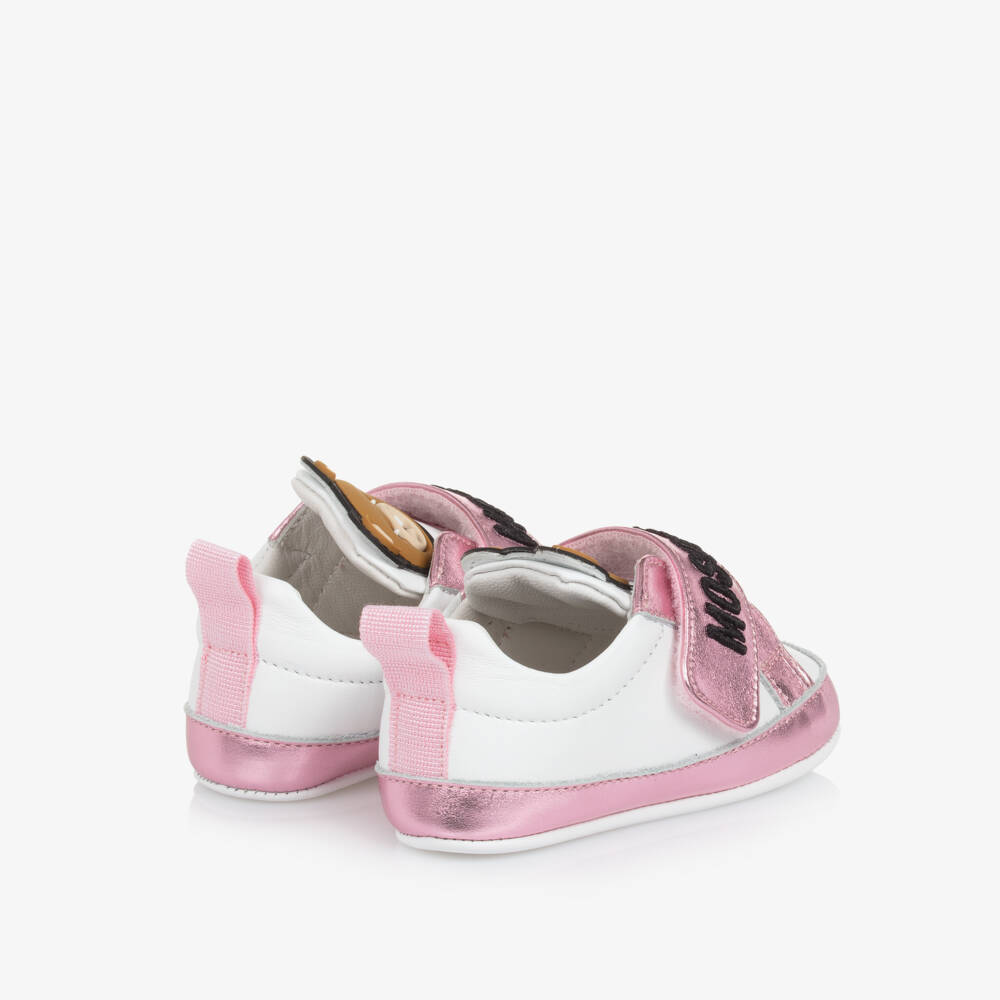 Moschino-Baby Girls White & Pink Leather Pre-Walkers | Childrensalon