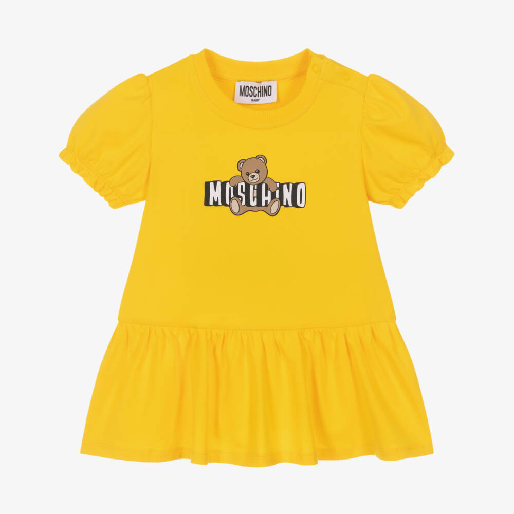 Moschino-Baby Girls Yellow Cotton Jersey Teddy Bear Logo Dress | Childrensalon
