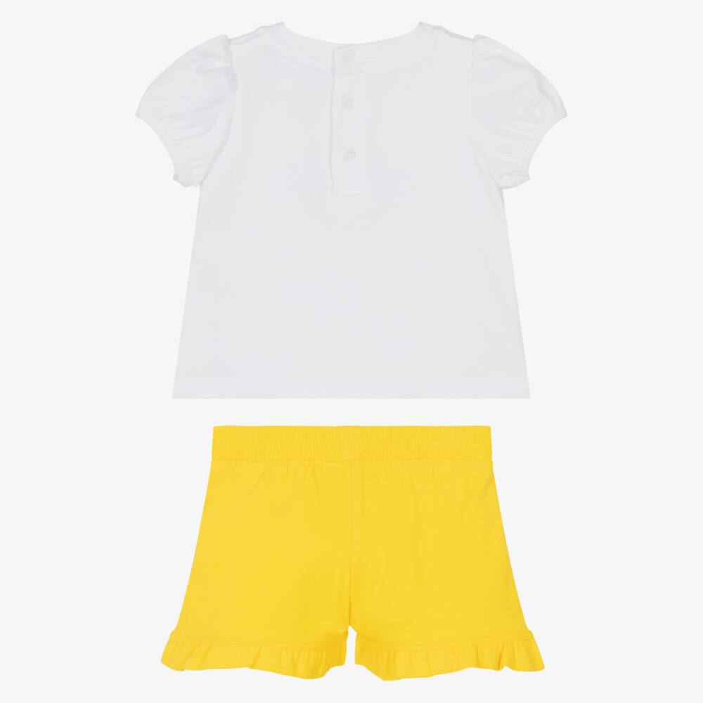 Moschino-Baby Girls Yellow Cotton Jersey Teddy Bear Logo Shorts Set | Childrensalon