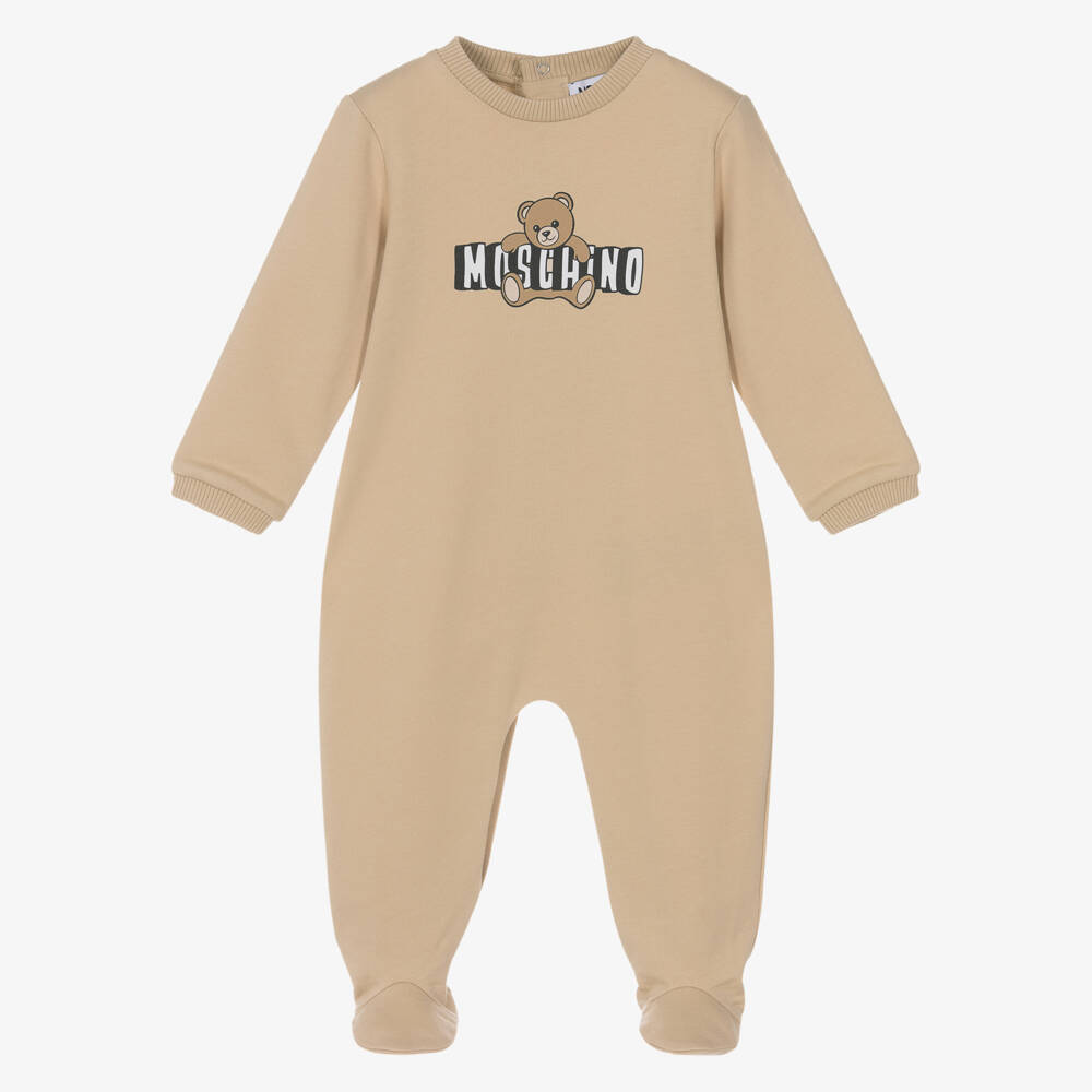 Moschino-Beige Cotton Babygrow with Teddy Bear Logo | Childrensalon