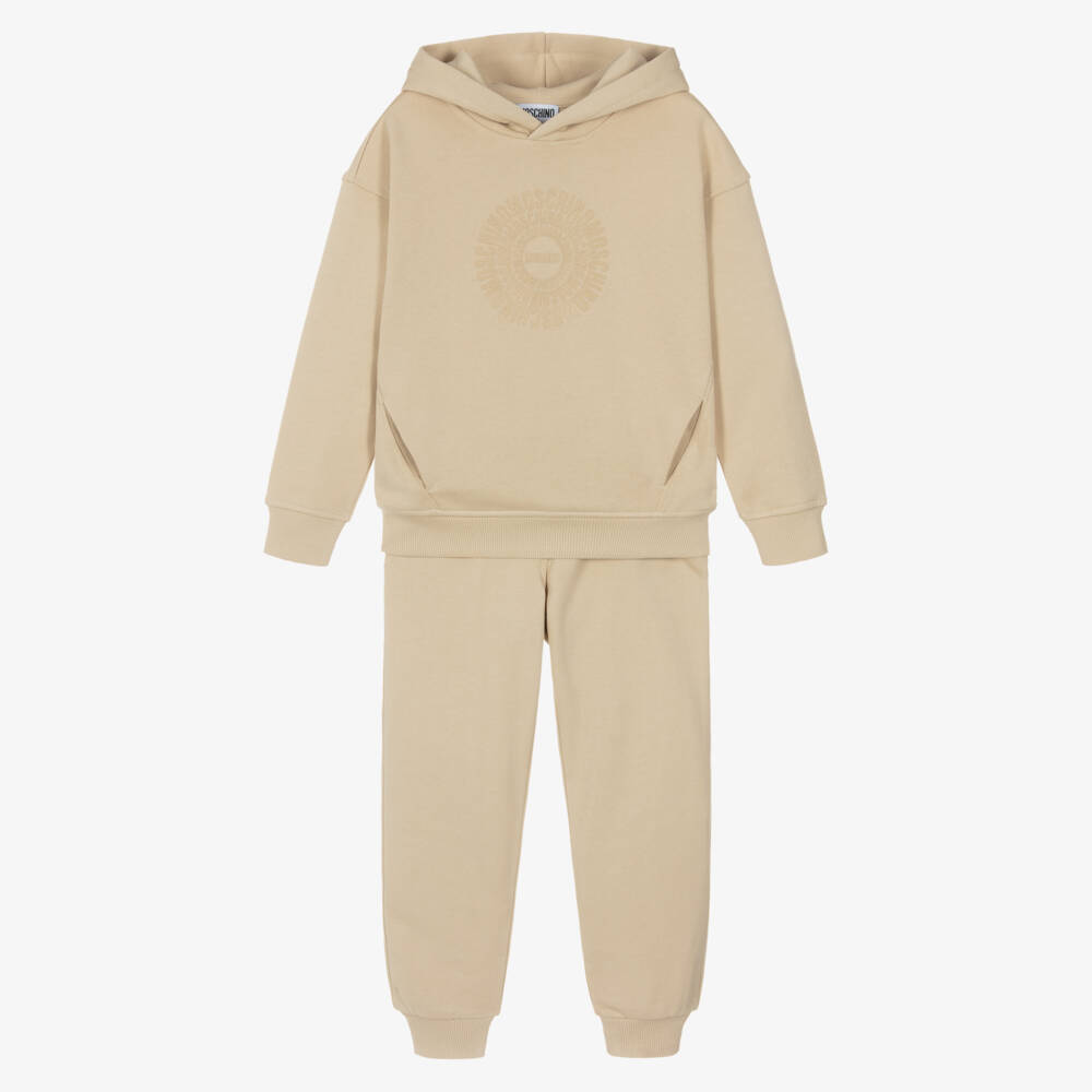 Moschino-Beige Cotton Jersey Tracksuit with Tonal Logo Print | Childrensalon