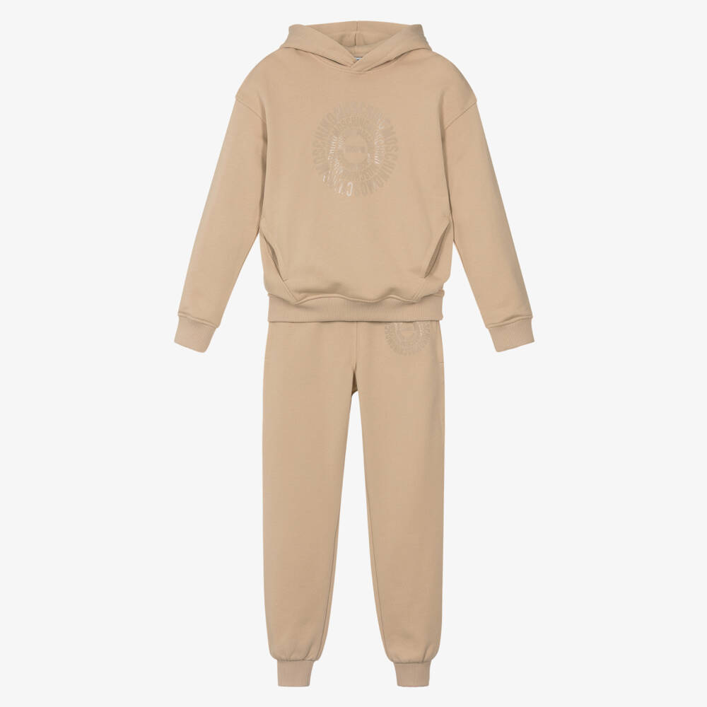 Moschino-Beige Cotton Jersey Tracksuit with Tonal Logo Print | Childrensalon