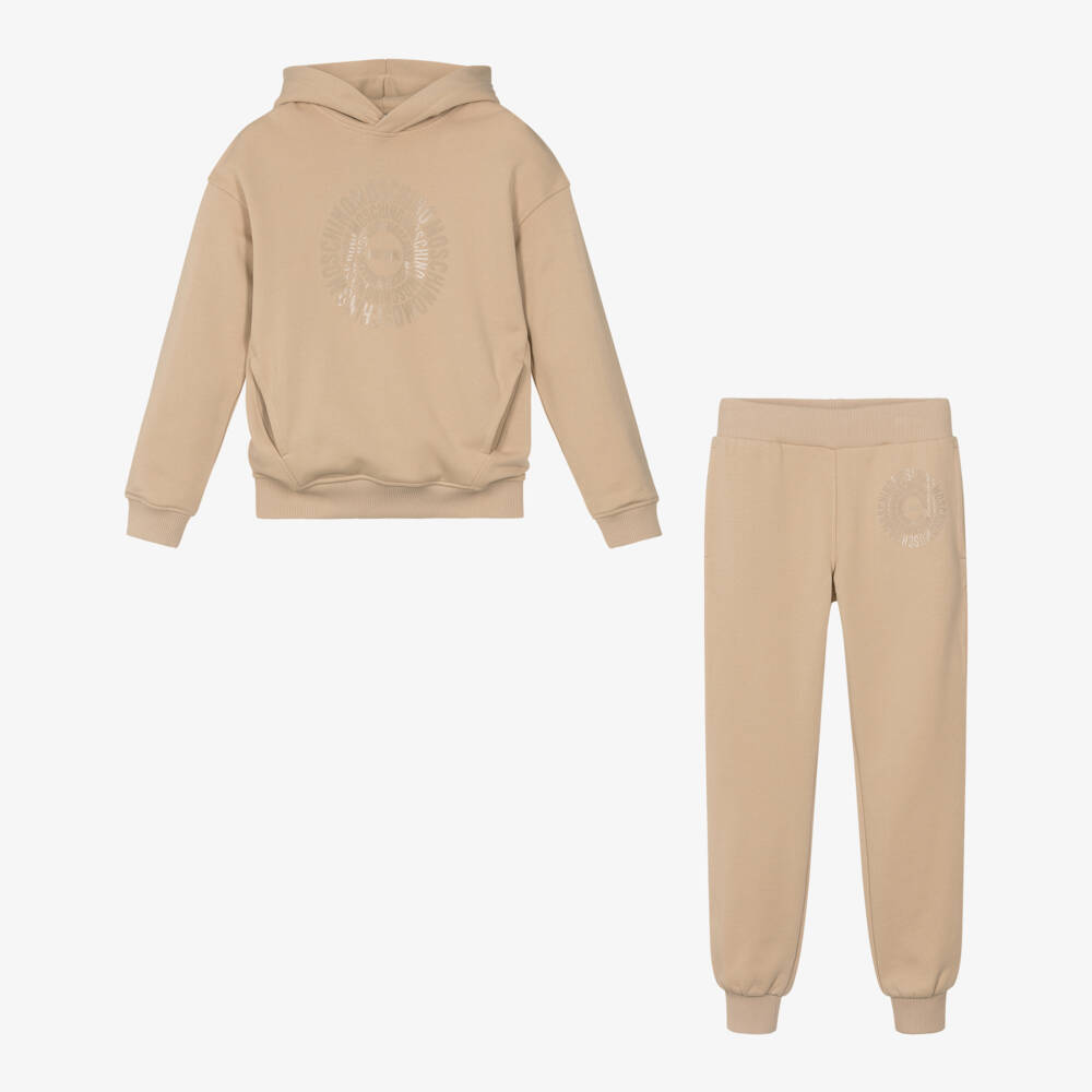Moschino-Beige Cotton Jersey Tracksuit with Tonal Logo Print | Childrensalon