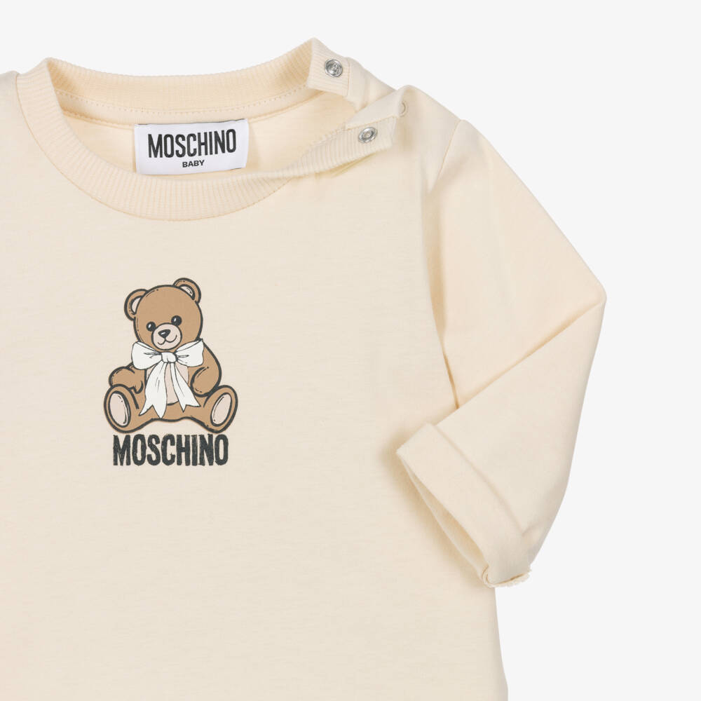 Moschino-Beige Cotton Long-Sleeve Top with Moschino Teddy Bear | Childrensalon