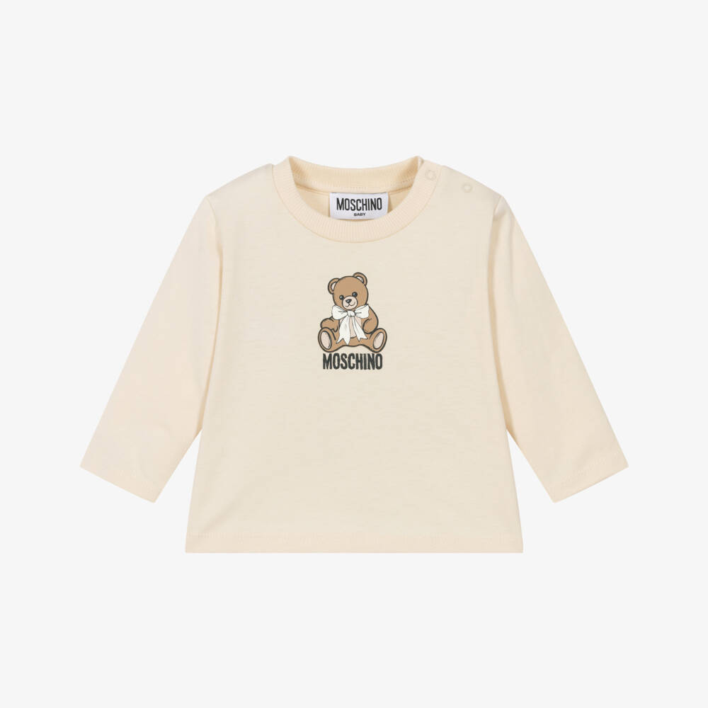 Moschino-Beige Cotton Long-Sleeve Top with Moschino Teddy Bear | Childrensalon