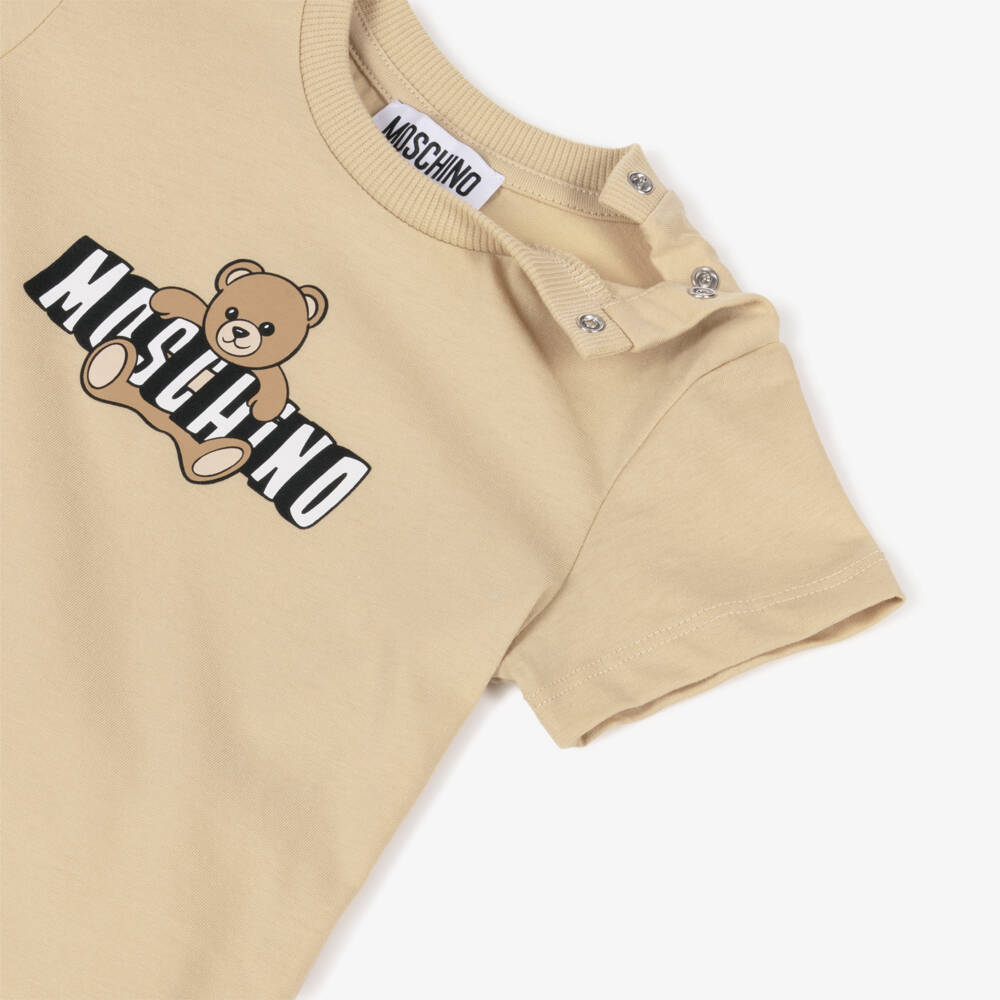 Moschino-Beige Cotton T-Shirt with Teddy Bear Logo | Childrensalon