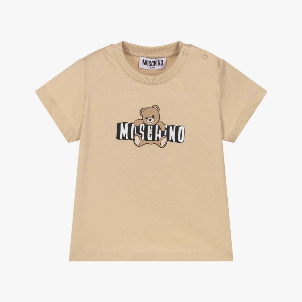 Moschino-Beige Cotton T-Shirt with Teddy Bear Logo | Childrensalon