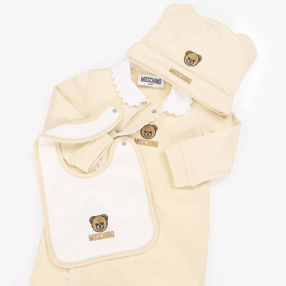 Moschino-Beige Cotton Teddy Bear Babysuit Set | Childrensalon