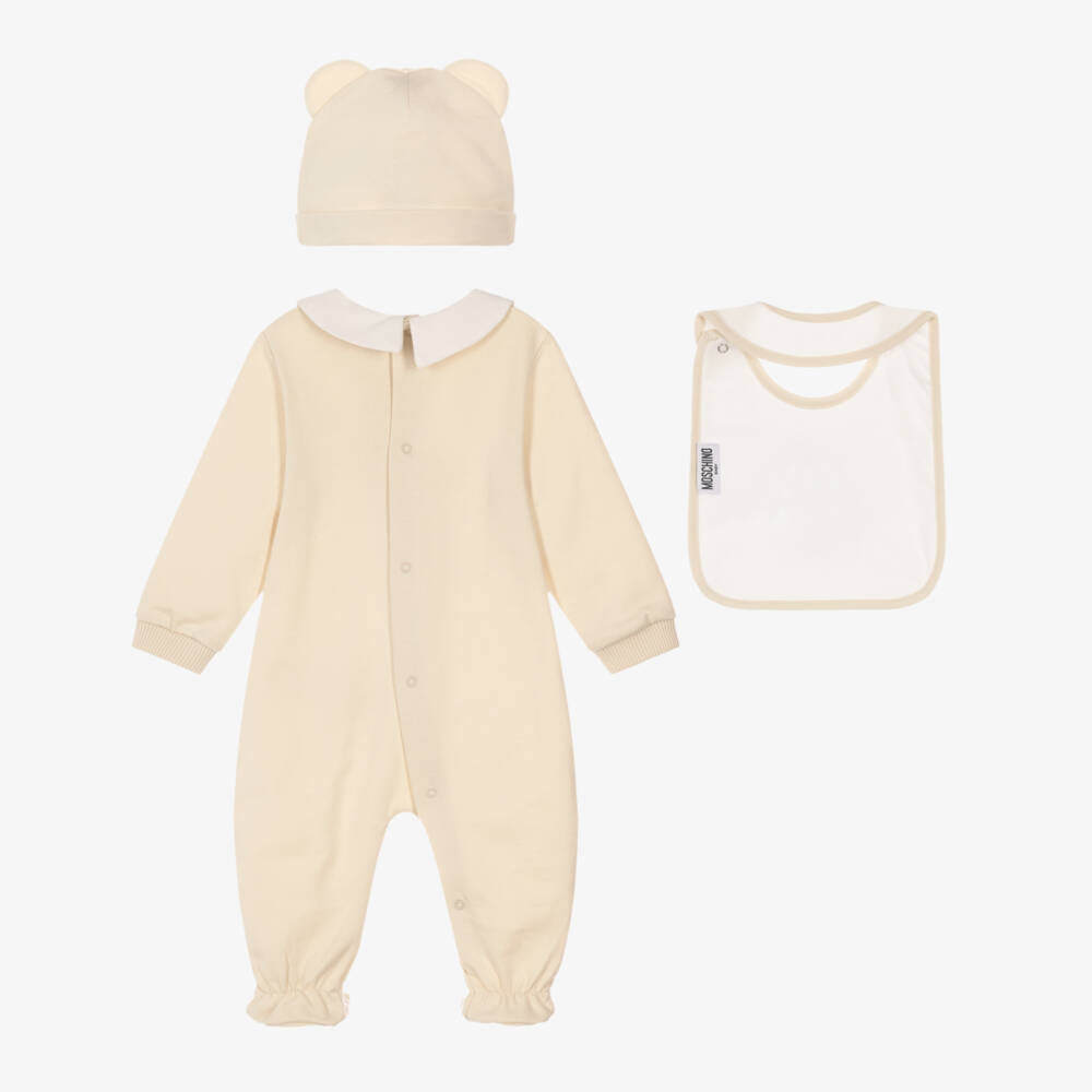 Moschino-Beige Cotton Teddy Bear Babysuit Set | Childrensalon
