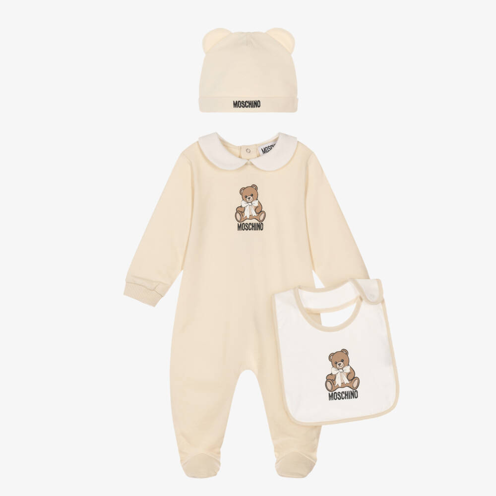 Moschino-Beige Cotton Teddy Bear Babysuit Set | Childrensalon