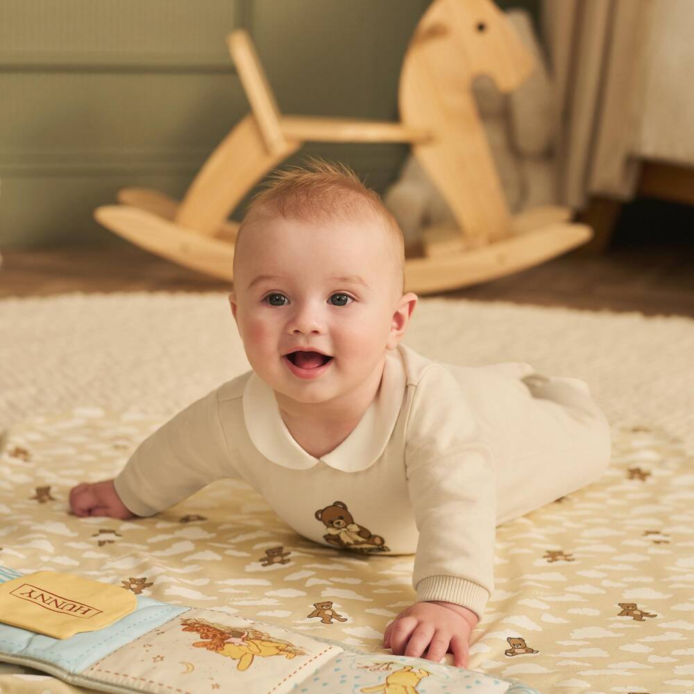 Moschino-Beige Cotton Teddy Bear Babysuit Set | Childrensalon
