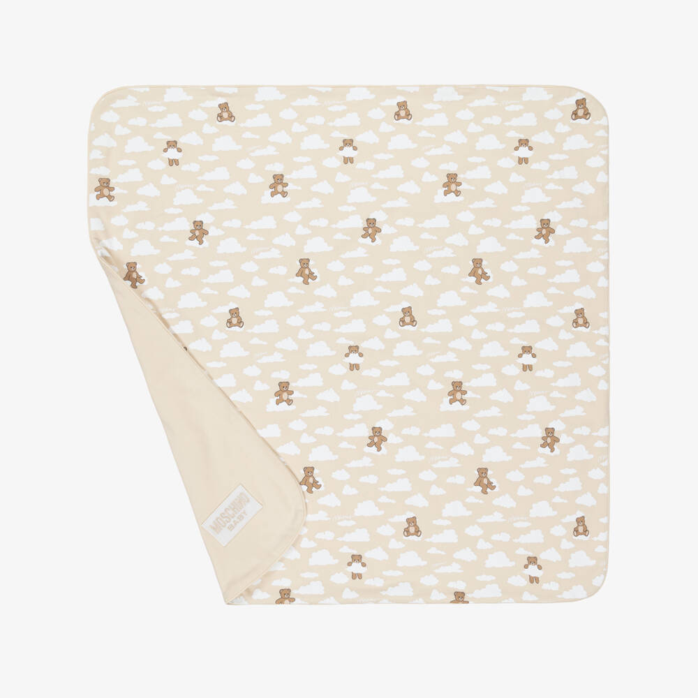 Moschino-Beige Cotton Teddy Bear & Cloud Print Blanket (70cm) | Childrensalon