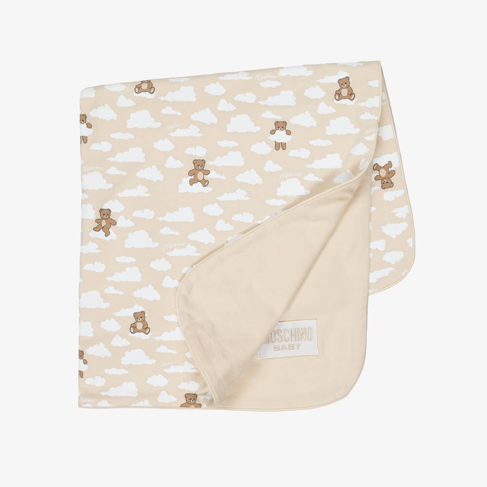 Moschino-Beige Cotton Teddy Bear & Cloud Print Blanket (70cm) | Childrensalon