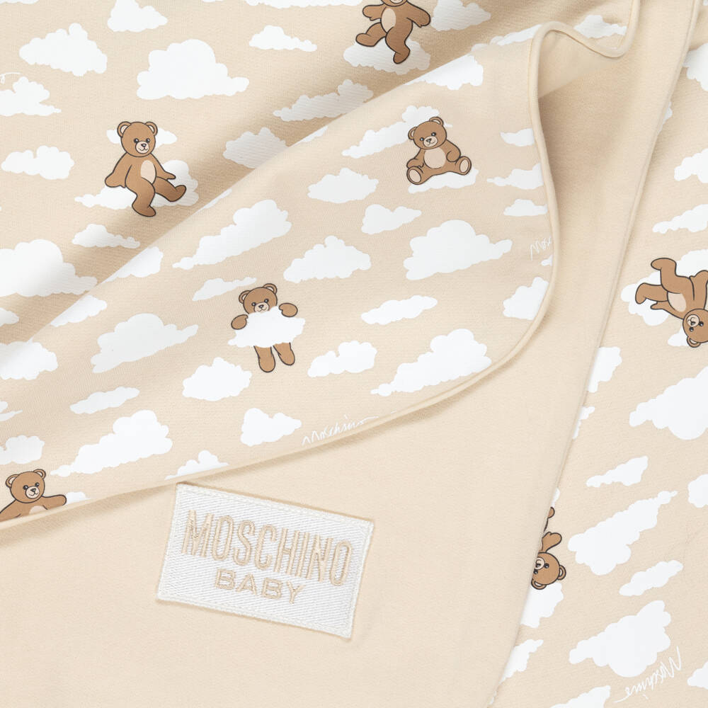 Moschino-Beige Cotton Teddy Bear & Cloud Print Blanket (70cm) | Childrensalon
