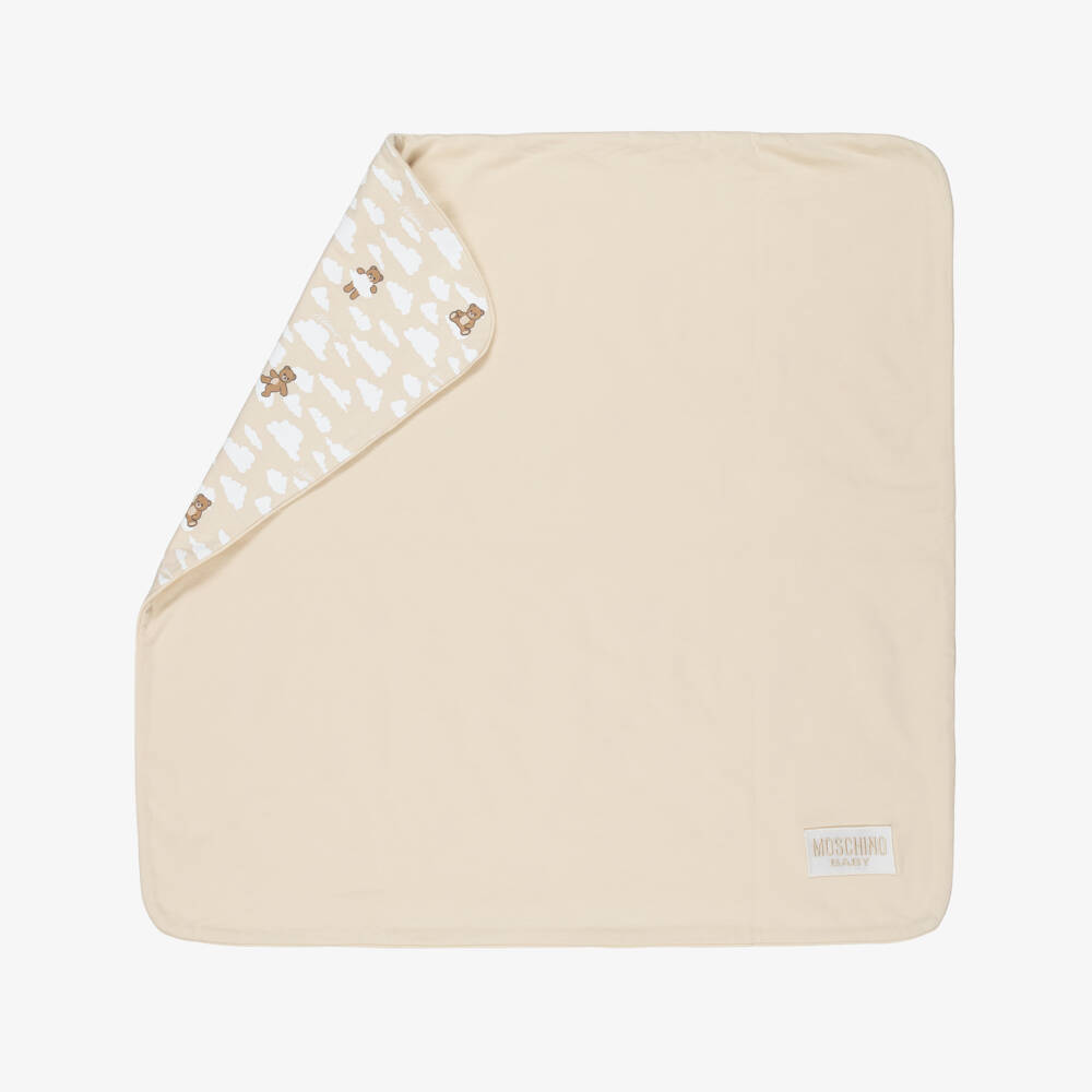 Moschino-Beige Cotton Teddy Bear & Cloud Print Blanket (70cm) | Childrensalon