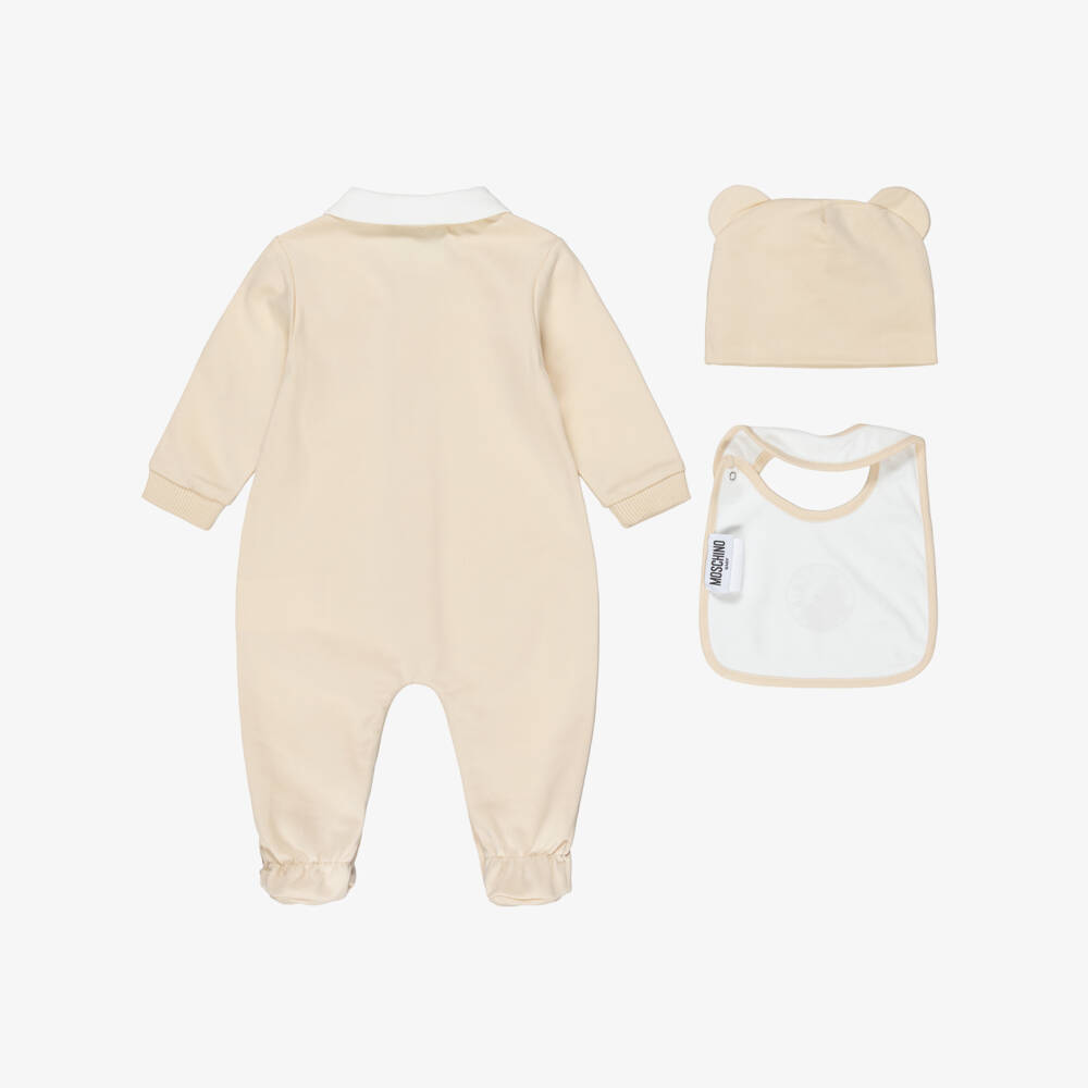 Moschino-Beige Cotton Teddy Bear Logo Babysuit Set | Childrensalon