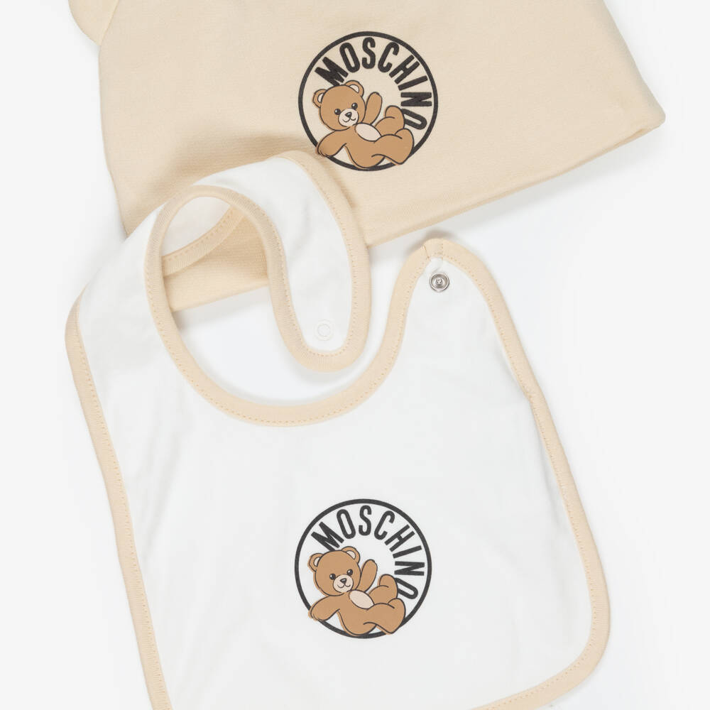 Moschino-Beige Cotton Teddy Bear Logo Babysuit Set | Childrensalon