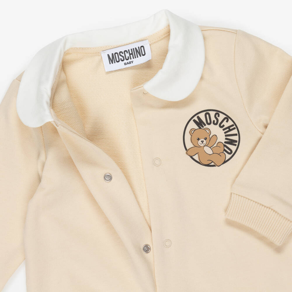 Moschino-Beige Cotton Teddy Bear Logo Babysuit Set | Childrensalon