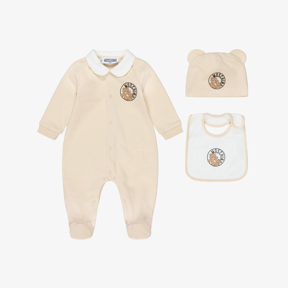Moschino-Beige Cotton Teddy Bear Logo Babysuit Set | Childrensalon
