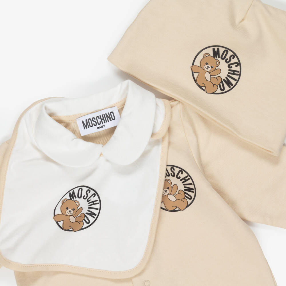 Moschino-Beige Cotton Teddy Bear Logo Babysuit Set | Childrensalon