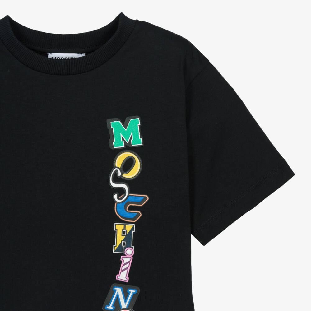 Moschino-Black Cotton Maxi T-Shirt with Multicolour Logo | Childrensalon