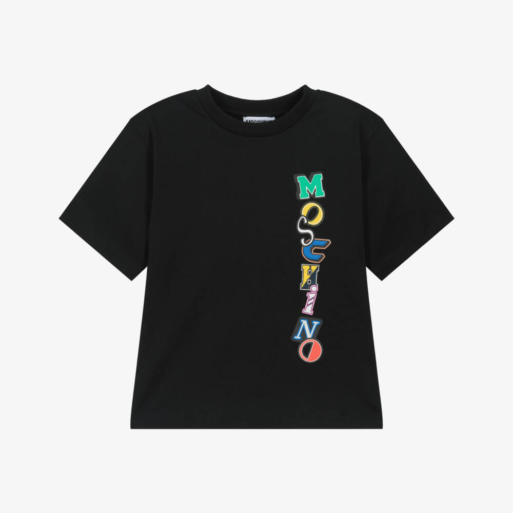 Moschino-Black Cotton Maxi T-Shirt with Multicolour Logo | Childrensalon