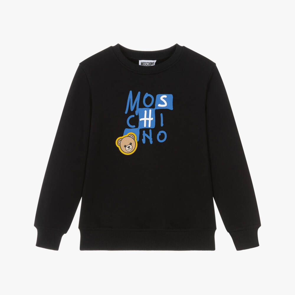 Moschino-Black Cotton Sweatshirt with Teddy & Block Graphic | Childrensalon