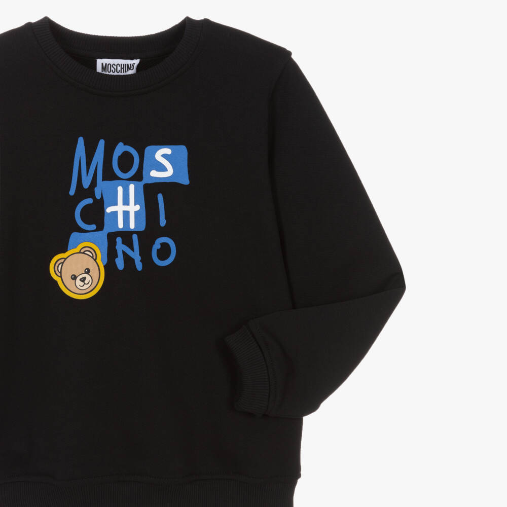 Moschino-Black Cotton Sweatshirt with Teddy & Block Graphic | Childrensalon