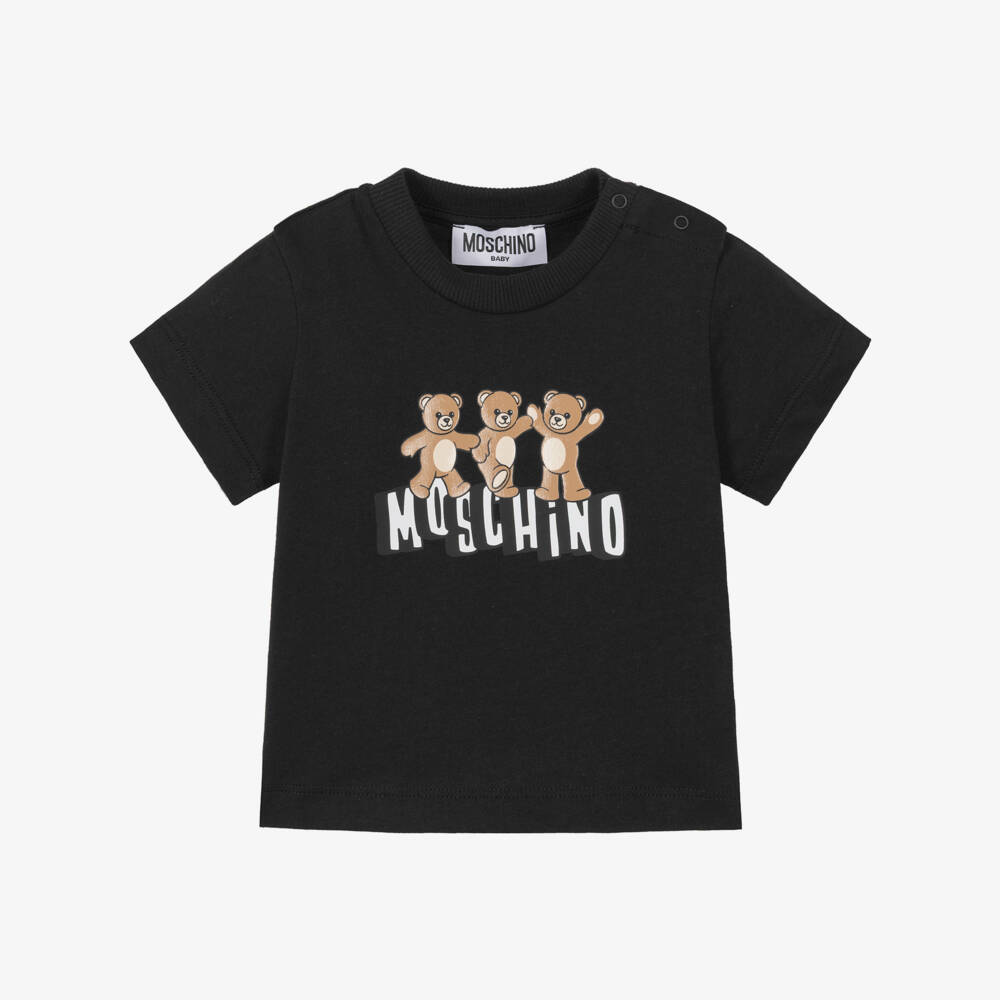Moschino-Black Cotton T-Shirt with 3 Bears Logo | Childrensalon