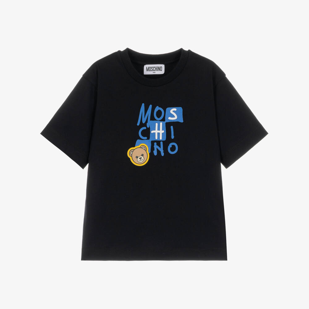 Moschino-Black Cotton T-Shirt with Logo Letters | Childrensalon