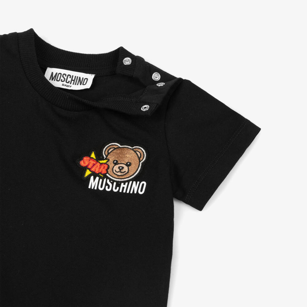 Moschino-Black Cotton T-Shirt with Teddy Bear Logo Patch | Childrensalon