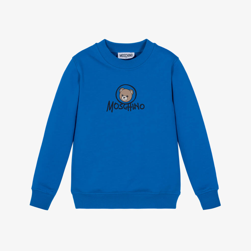 Moschino-Blue Brushback Cotton Sweatshirt with Bear Logo | Childrensalon
