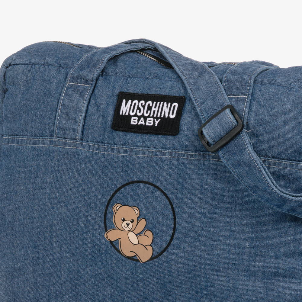Moschino-حقيبة تغيير الحفاضات شامبراي لون أزرق بطبعة دي تيدي (37 سم) | Childrensalon
