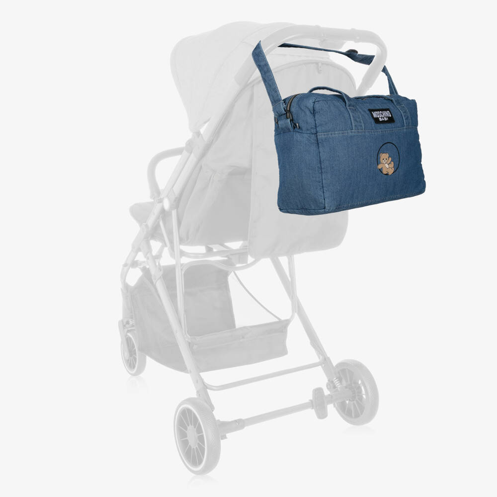 Moschino-حقيبة تغيير الحفاضات شامبراي لون أزرق بطبعة دي تيدي (37 سم) | Childrensalon